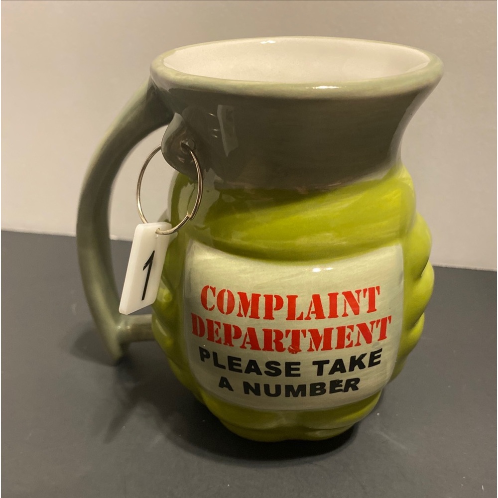 Hand Grenade Complaint Department.Please take a number BigMouth coffee mug cup